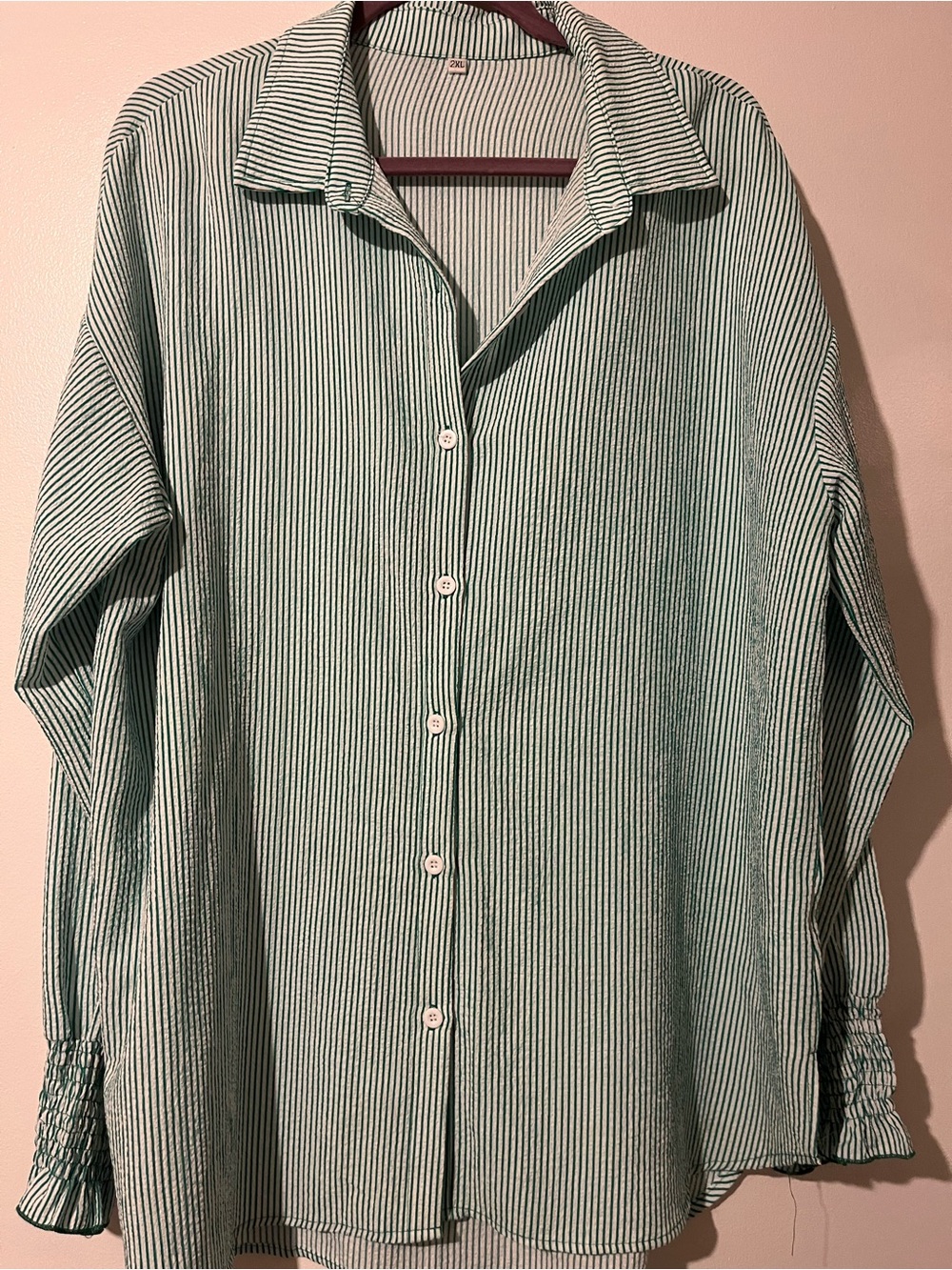 Women’s Green and White Pinstripe Button-Up Blouse